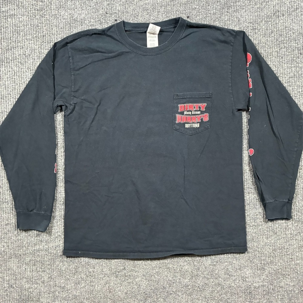 Gildan Dirty Harry's Daytona Beach FL Mens Long Sleeve Shirt L Black Biker Skull